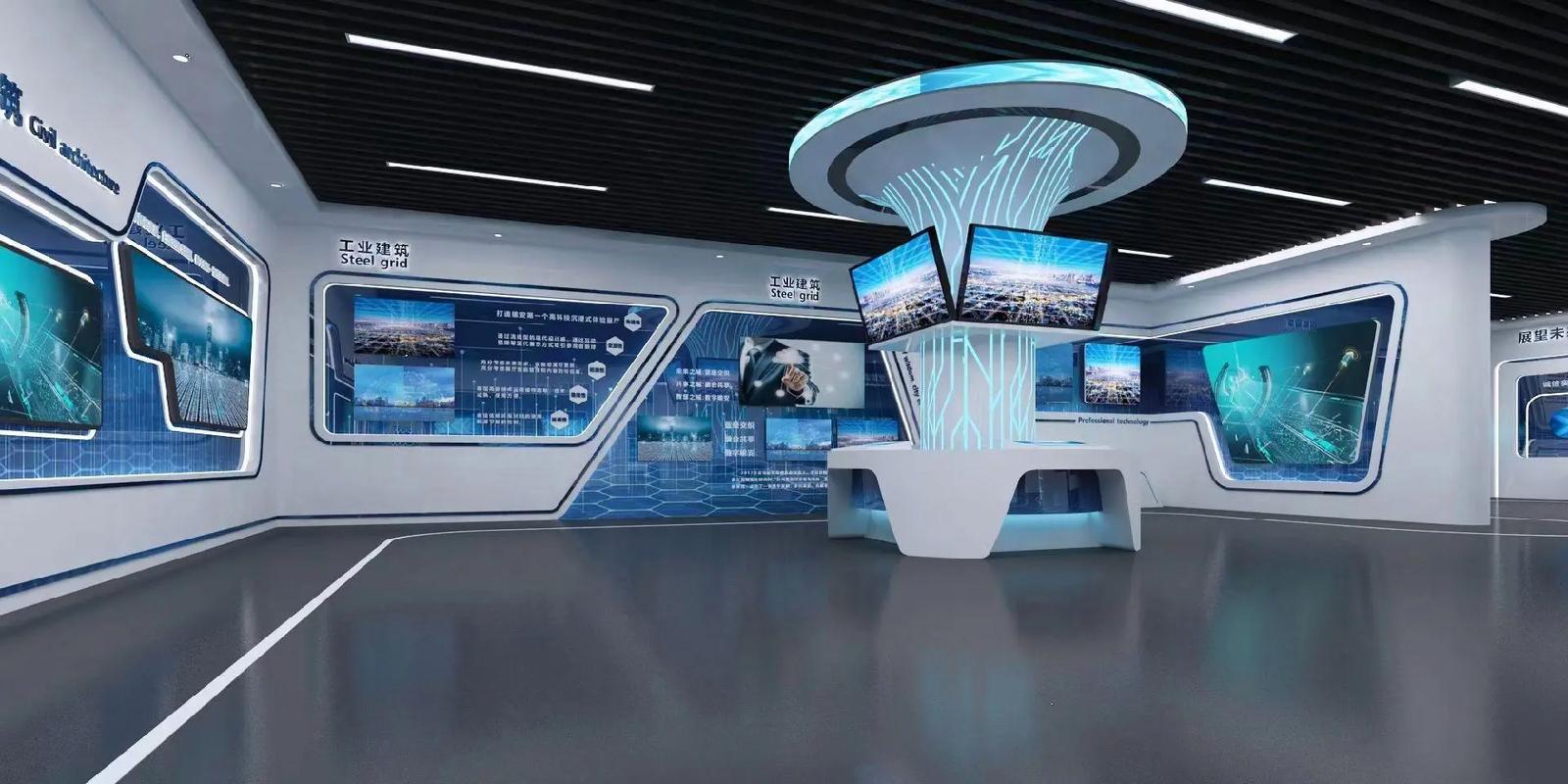 企業(yè)科技展廳設(shè)計案例 經(jīng)典藍(lán)白配色與多媒體展項(xiàng)的融合